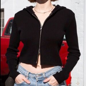 Brandy Melville Black Ribbed Crop Zip Up Hoodie EUC